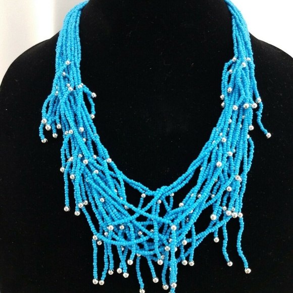 Turquoise Multi Strand Seed Bead Statement Necklace with Silver Accent Bold - Picture 6 of 6
